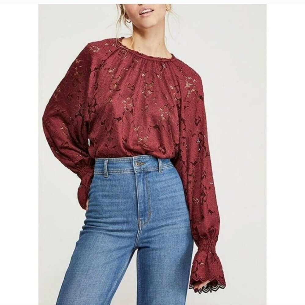 Free People Burgundy Relaxed Embellished Blouse